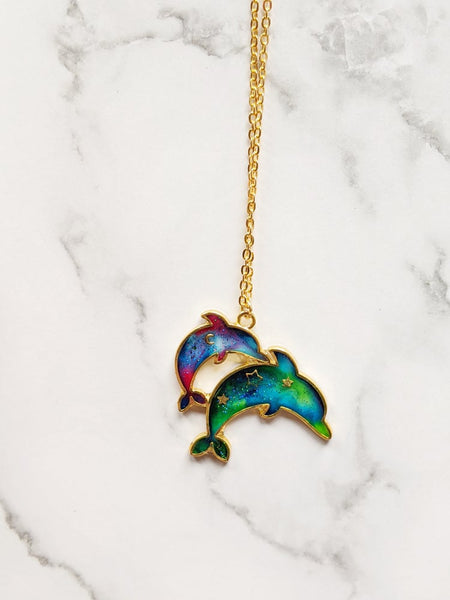 Galaxy and Northern Lights Dolphins Pendant Necklace (Sea Life Collection)