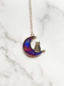 Galaxy Moon with Cat Pendant Necklace (Halloween Collection)