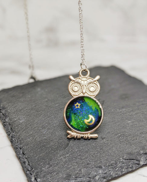 Northern Lights Owl Pendant Necklace (Galaxy Owls Collection)