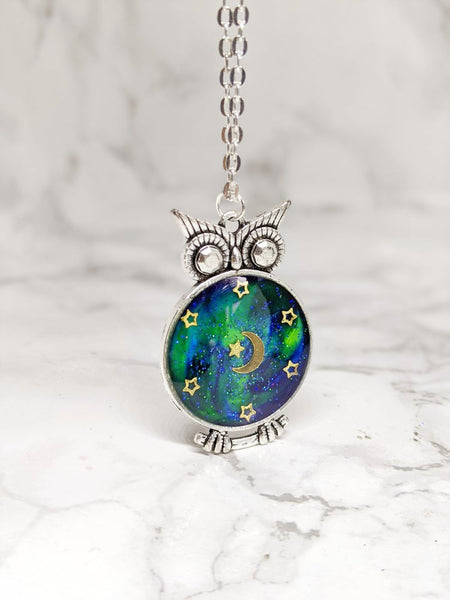 Northern Lights Owl Pendant Necklace 3 (Galaxy Owls Collection)