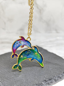 Galaxy and Northern Lights Dolphins Pendant Necklace (Sea Life Collection)