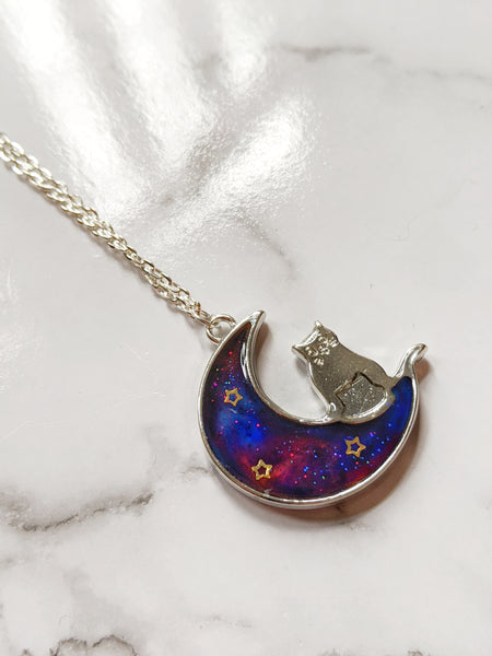 Galaxy Moon with Cat Pendant Necklace (Halloween Collection)