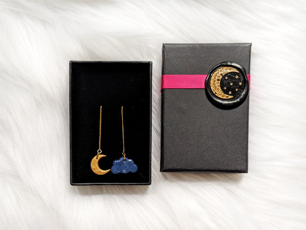 Mismatch Golden Moon And Navy Cloud Threader Earrings (Fantasy Nights Collection)