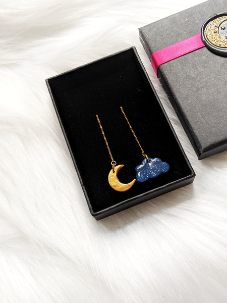 Mismatch Golden Moon And Navy Cloud Threader Earrings (Fantasy Nights Collection)