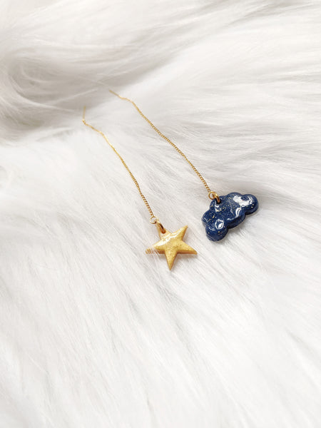 Mismatch Golden Star And Navy Cloud Threader Earrings (Fantasy Nights Collection)