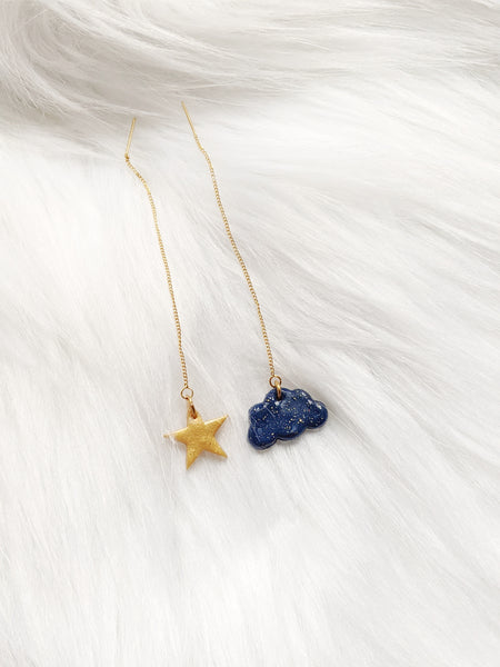 Mismatch Golden Star And Navy Cloud Threader Earrings (Fantasy Nights Collection)