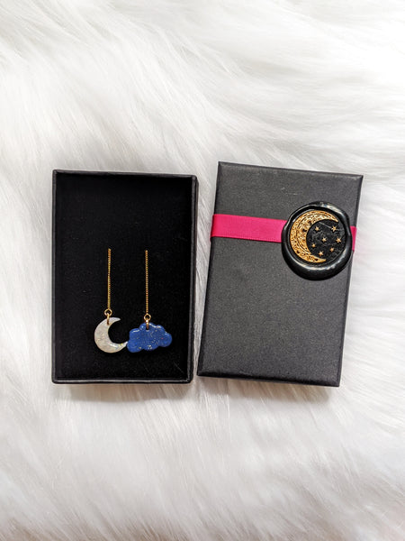 Mismatch Opal Effect Moon And Navy Cloud Threader Earrings (Fantasy Nights Collection)