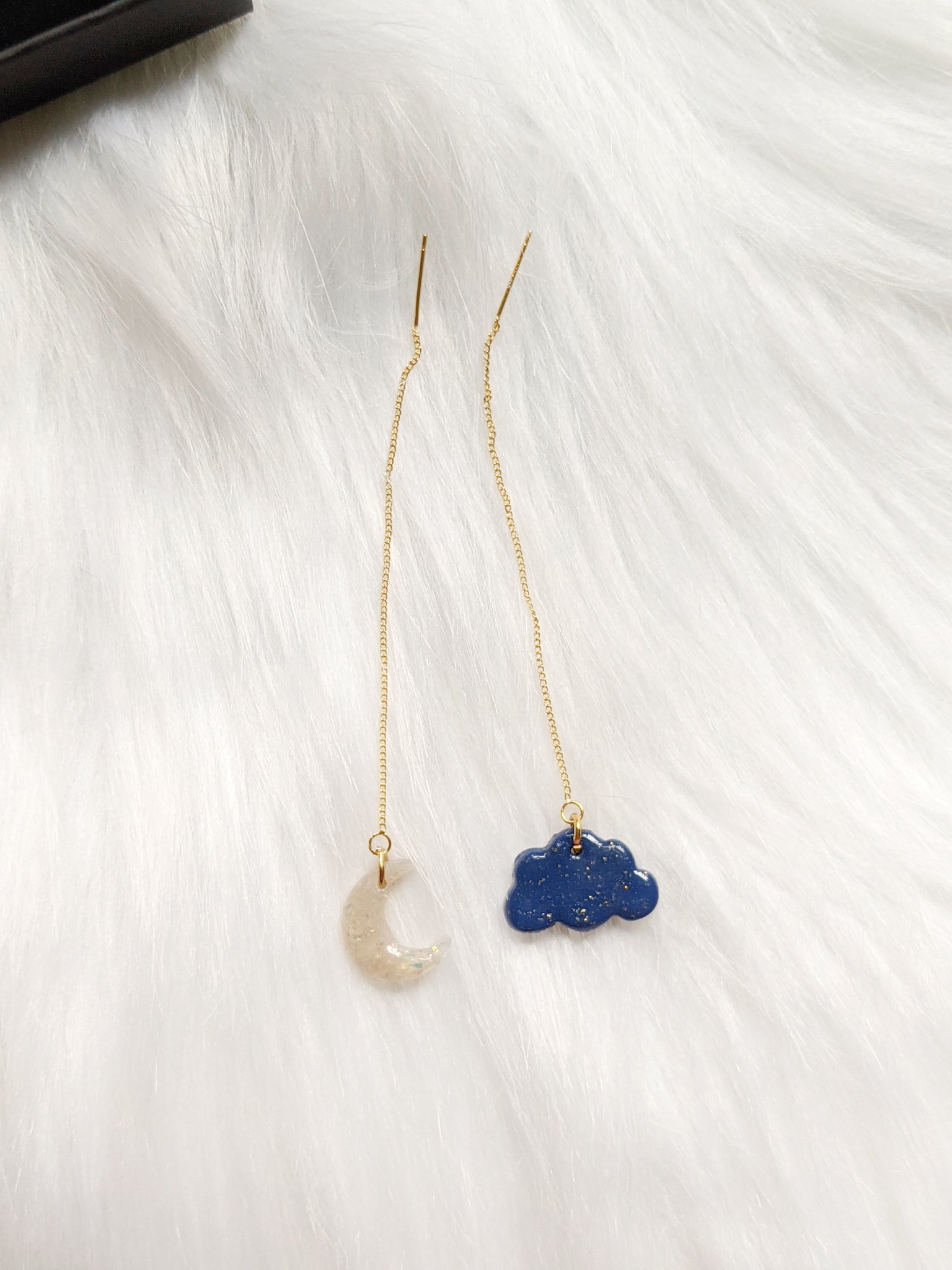 Mismatch Opal Effect Moon And Navy Cloud Threader Earrings (Fantasy Nights Collection)