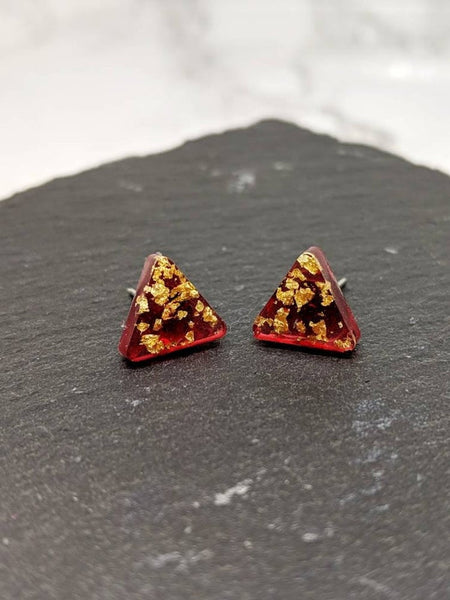 Red Gold Leaf Geometric Stud Earrings (Opulence Collection)