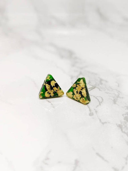Green Gold Leaf Geometric Stud Earrings (Opulence Collection)