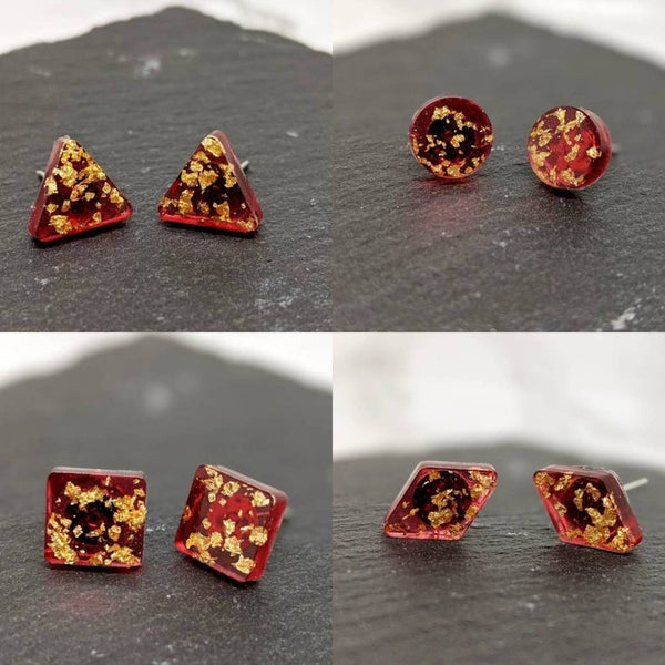 Red Gold Leaf Geometric Stud Earrings (Opulence Collection)
