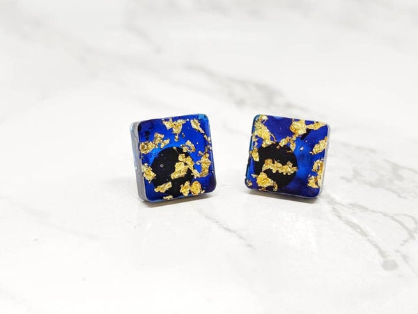 Blue Gold Leaf Geometric Stud Earrings (Opulence Collection)