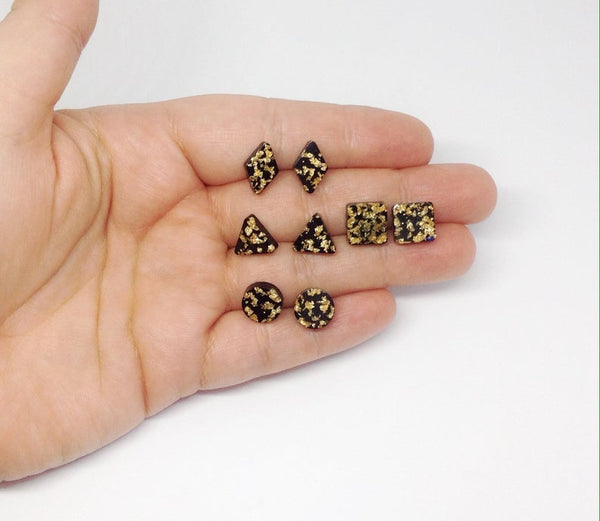 Black Gold Leaf Geometric Stud Earrings (Opulence Collection)