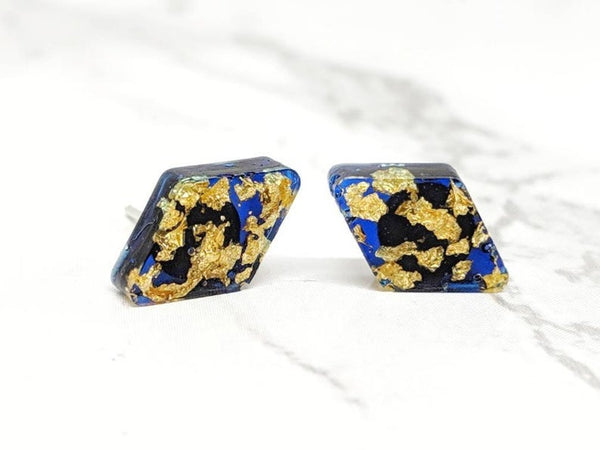 Blue Gold Leaf Geometric Stud Earrings (Opulence Collection)